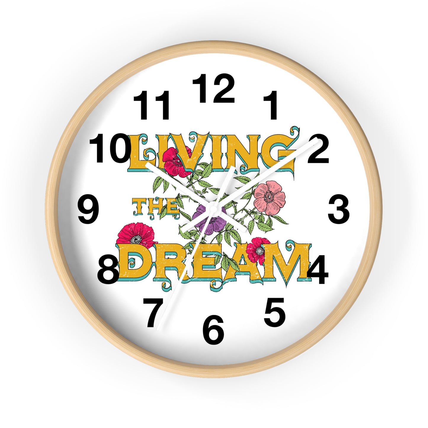 Living the Dream Floral Wall Clock, Boho Home Decor, Motivational Gift, Office Clock, Unique Wall Art