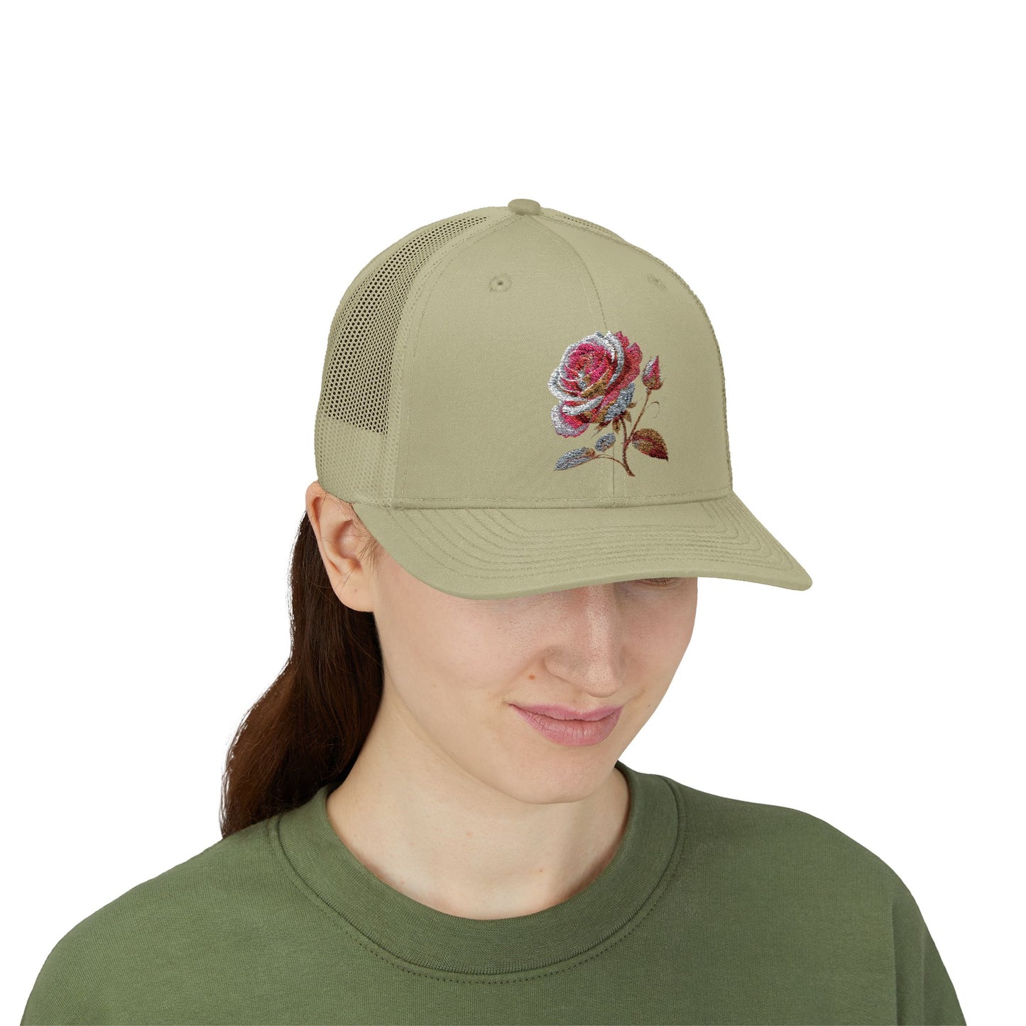 Rose Embellished Snapback Trucker Cap, Casual Hat for Outdoor Events, Gift for Flower Lovers, Stylish Fashion Accessory, Holiday Cap