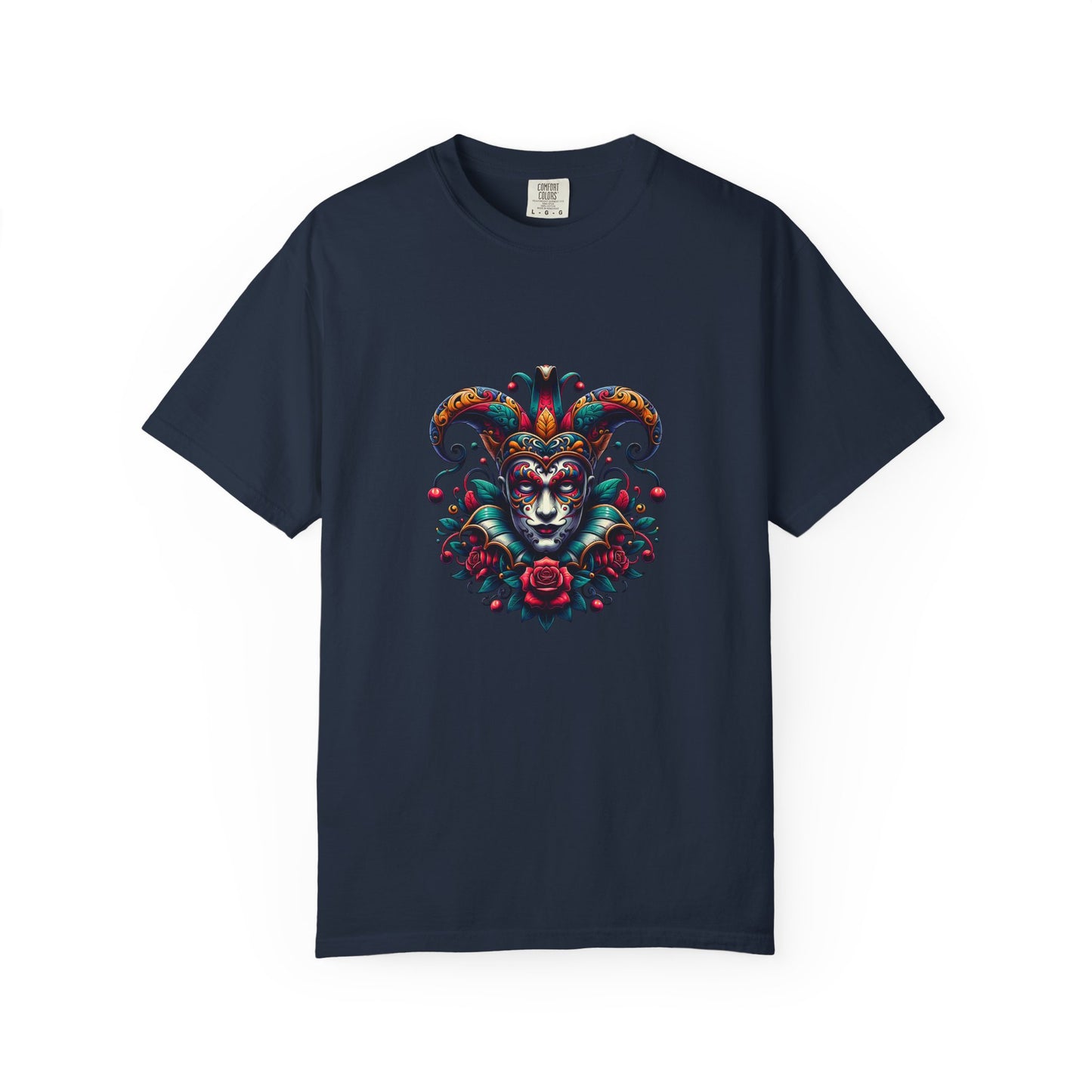 Vibrant Unisex Garment-Dyed T-shirt Featuring Colorful Jester Design, Festival Fashion