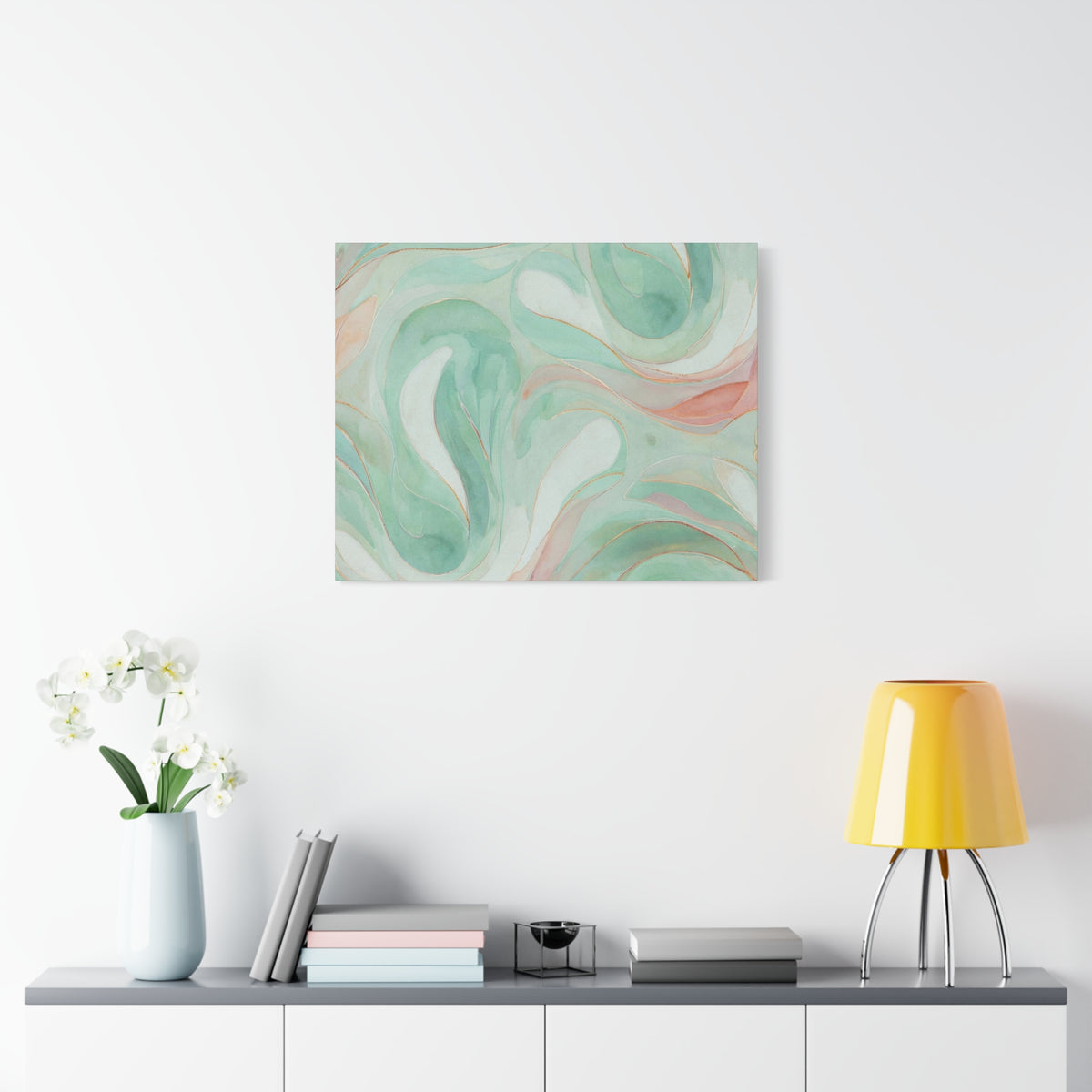 Abstract Green Marble Canvas Print — Teal & Coral Swirl Wall Art