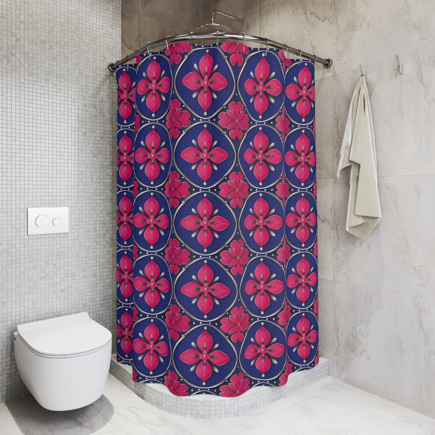 Floral Tile Shower Curtain — Navy & Fuchsia Patterned Bath Decor