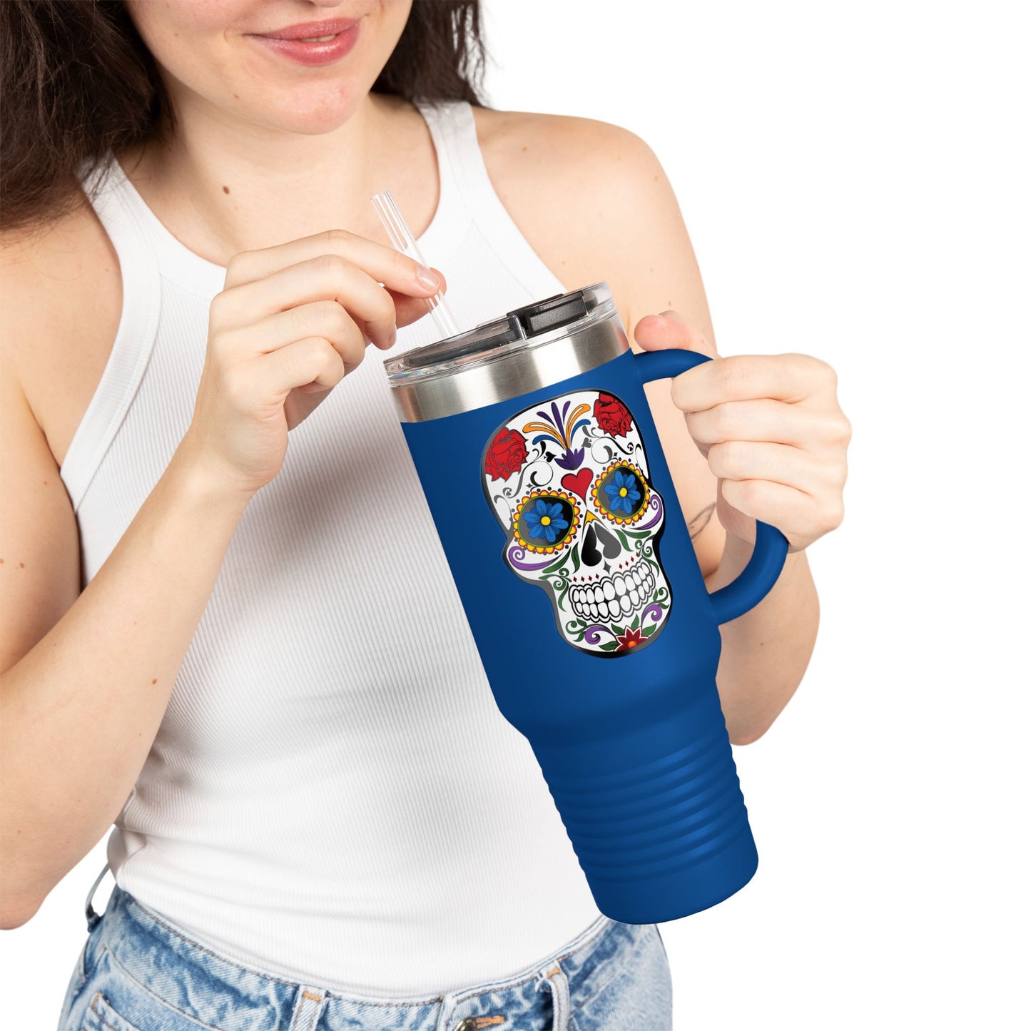 Colorful Sugar Skull Insulated Travel Mug, 40oz, Perfect for Road Trips, Gifts