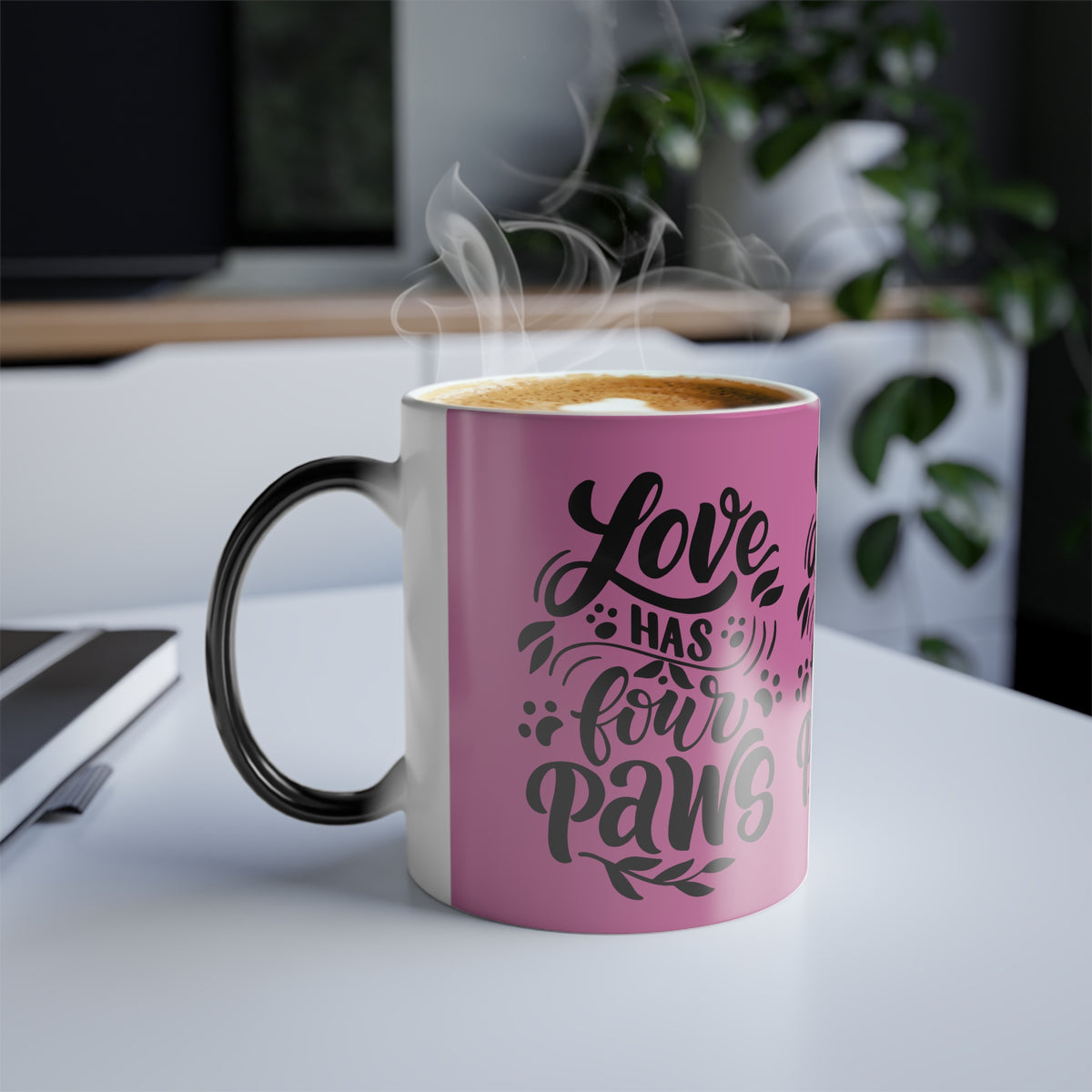 Color-Changing Mug — "Love Has Four Paws" Pink Pet Lover Coffee Cup (11 oz)
