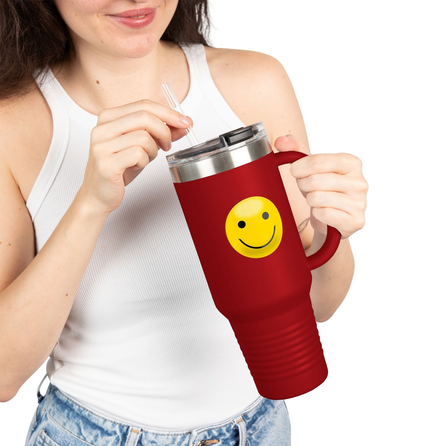 Smiley Face Insulated Travel Mug | 40oz Large Cup for Hot/Cold Beverages | Perfect for Travel & Gifting