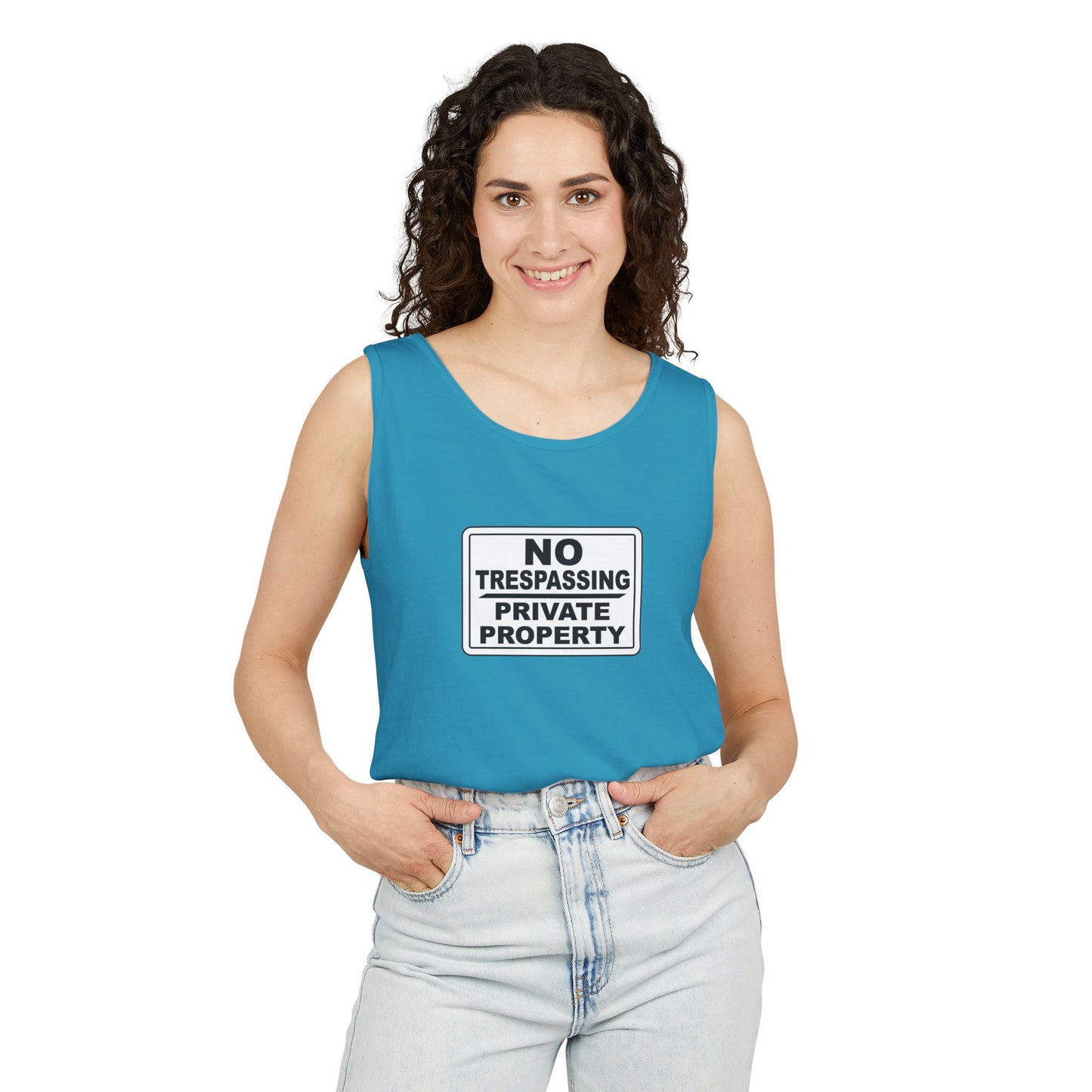 No Trespassing Garment-Dyed Tank Top | Unisex Summer Wear, Beach Vacation Shirt, Outdoor Adventure Top, Gift for Nature Lovers