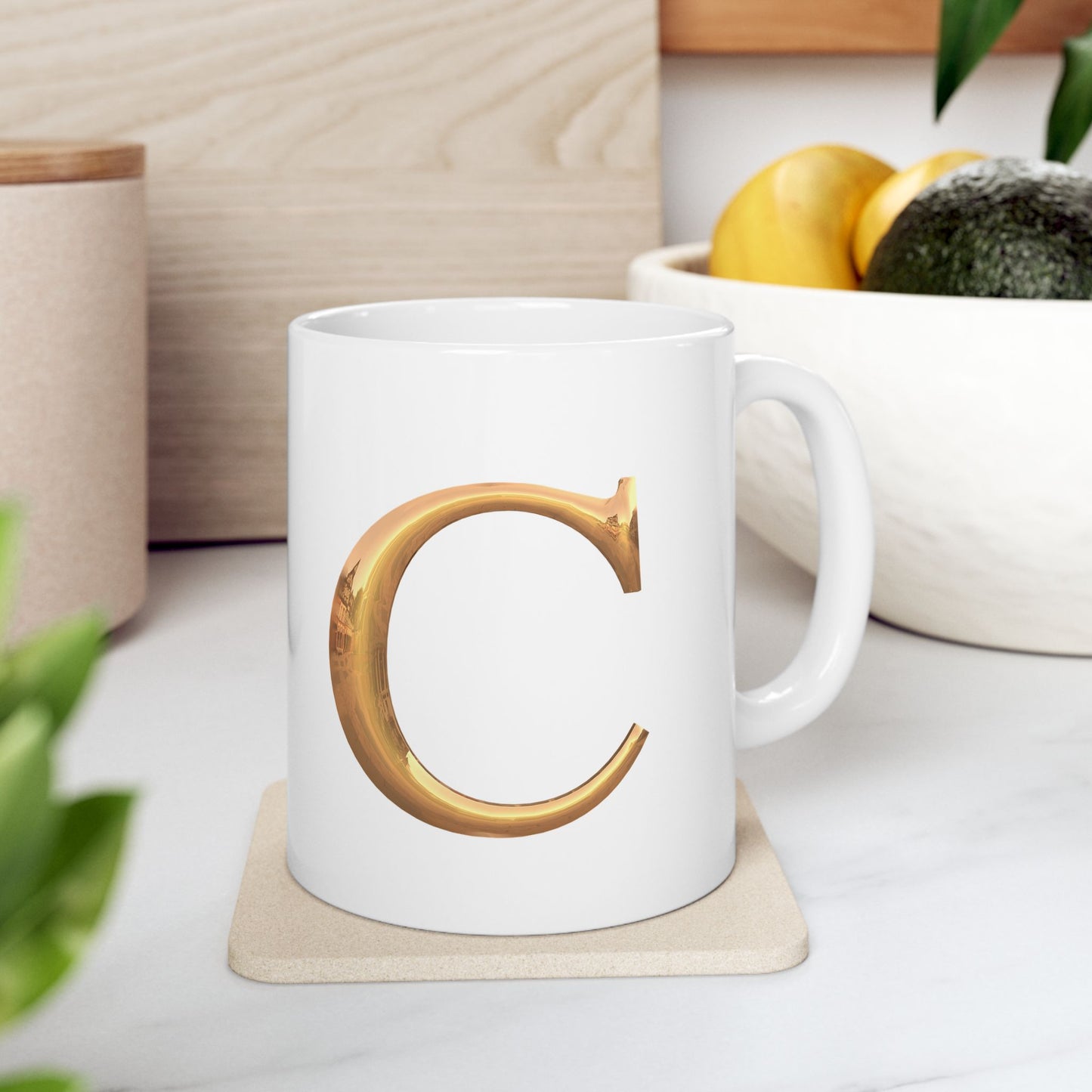 Elegant Golden Letter Ceramic Mug, Personalized Coffee Cup Letter C