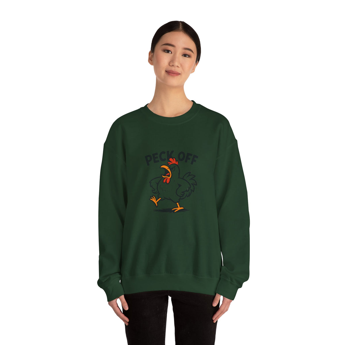 Crewneck Sweatshirt — 'Peck Off' Funny Angry Chicken Graphic