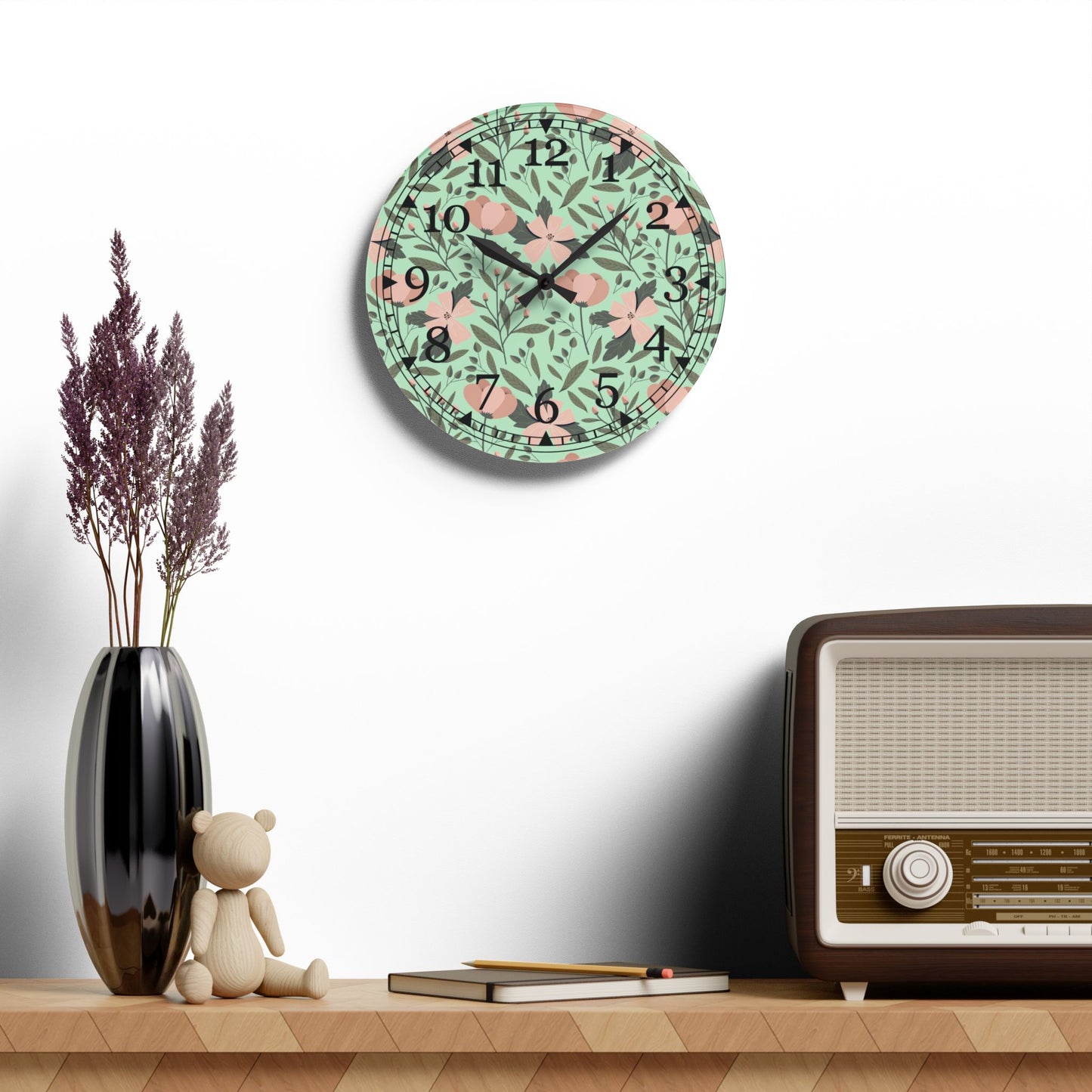Floral Acrylic Wall Clock – Mid-Century Modern Decor, Home Accent