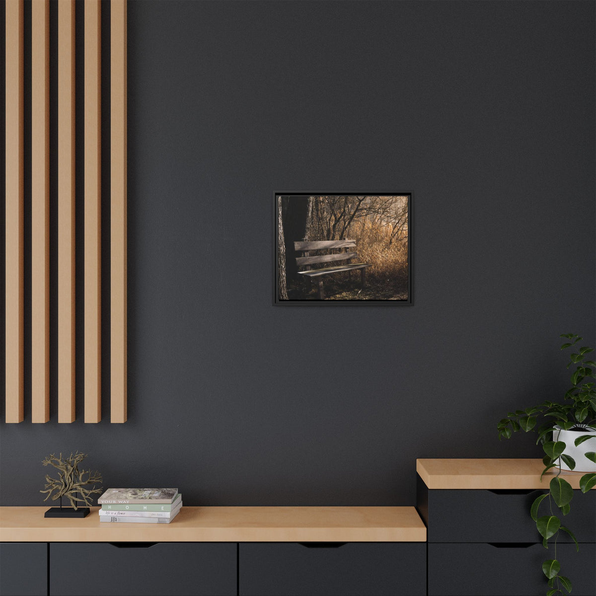 Framed Matte Canvas Print — Autumn Park Bench Photography