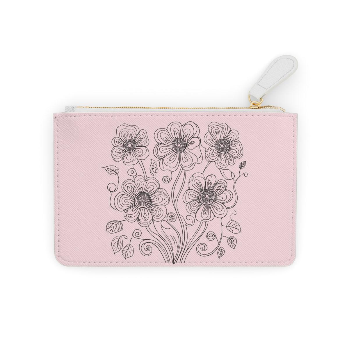 Floral Mini Clutch Bag — Pink Hand-Drawn Flower Zipper Pouch
