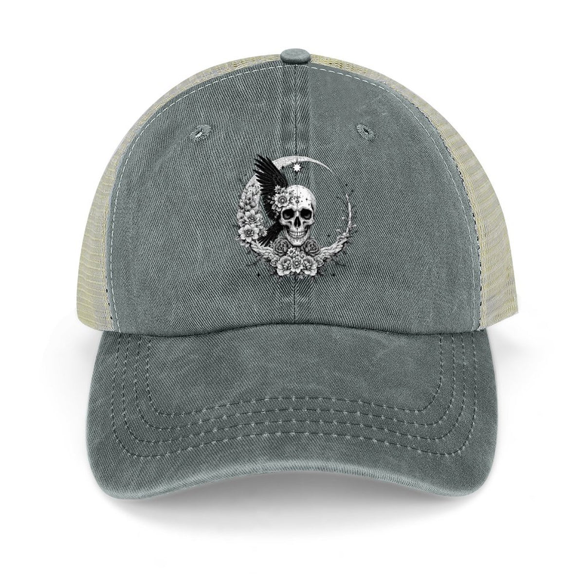 Cotton Trucker Hat for Casual Style - Skull and Roses