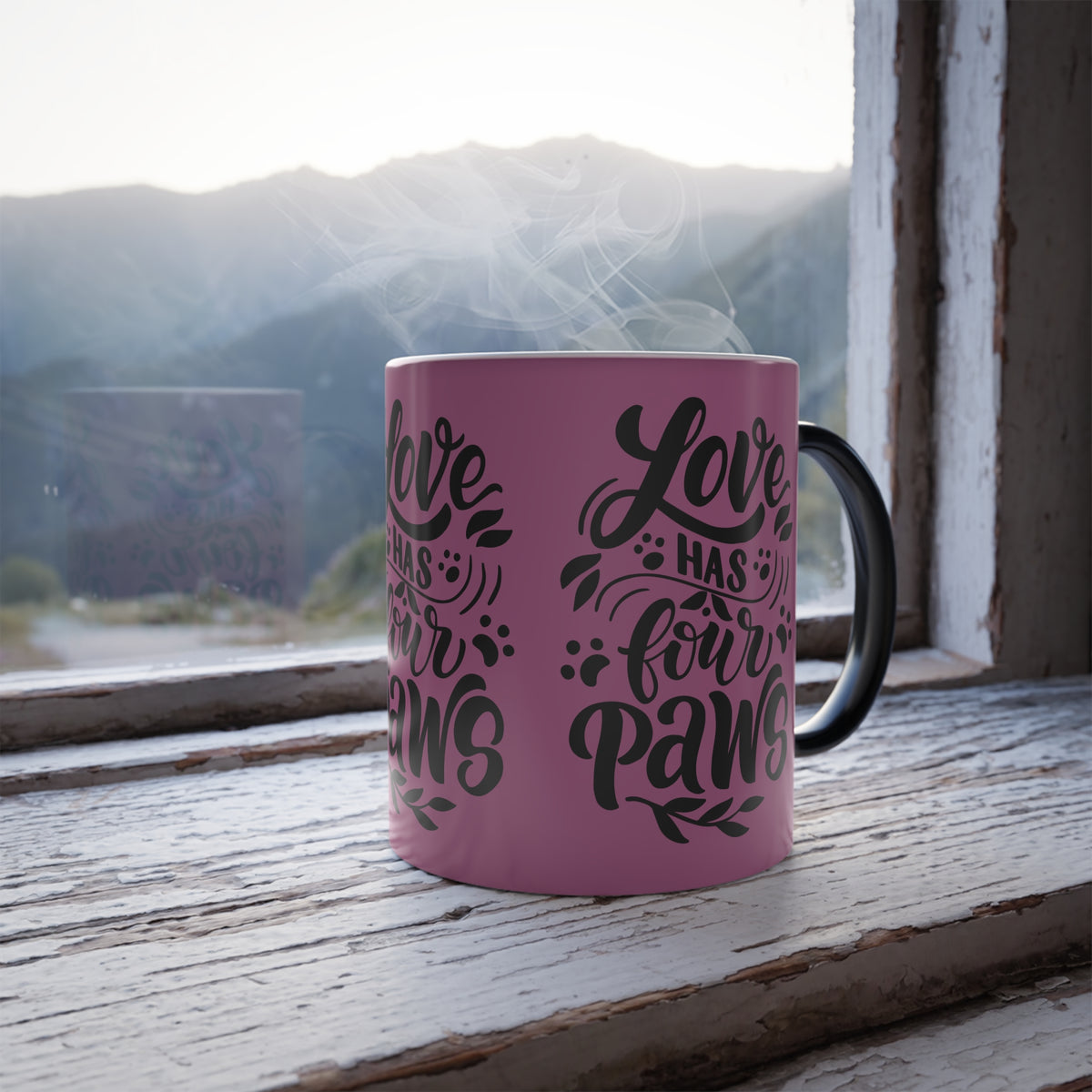 Color-Changing Mug — "Love Has Four Paws" Pink Pet Lover Coffee Cup (11 oz)