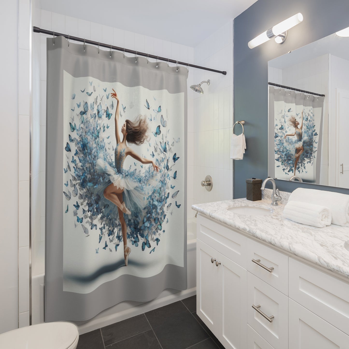 Butterfly Dance Shower Curtain, Elegant Home Decor, Bathroom Artwork, Gift for Dancers, Floral Theme, Modern Bathroom Accent