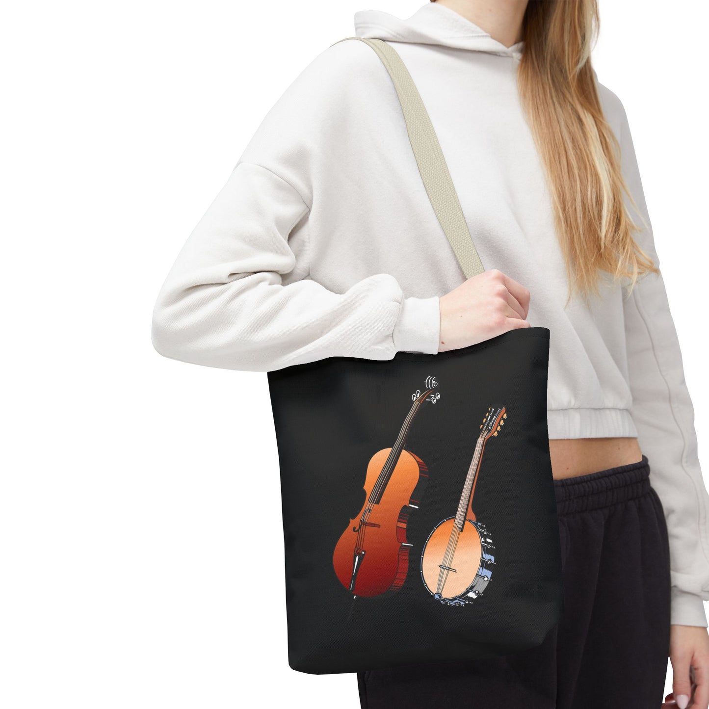 Musical Instruments Tote Bag, Music Lover Gift, Banjo and Cello Design, Stylish Grocery Tote, Concert Bag, Eco-Friendly Carryall