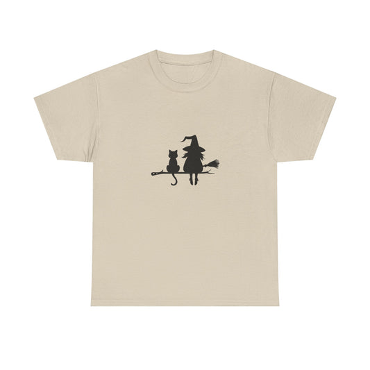 Witch and Cat Tee | Spooky Unisex Shirt for Halloween | Cute Witchwear for Cat Lovers | Fall Wardrobe Essential | Gift for Magical Friends