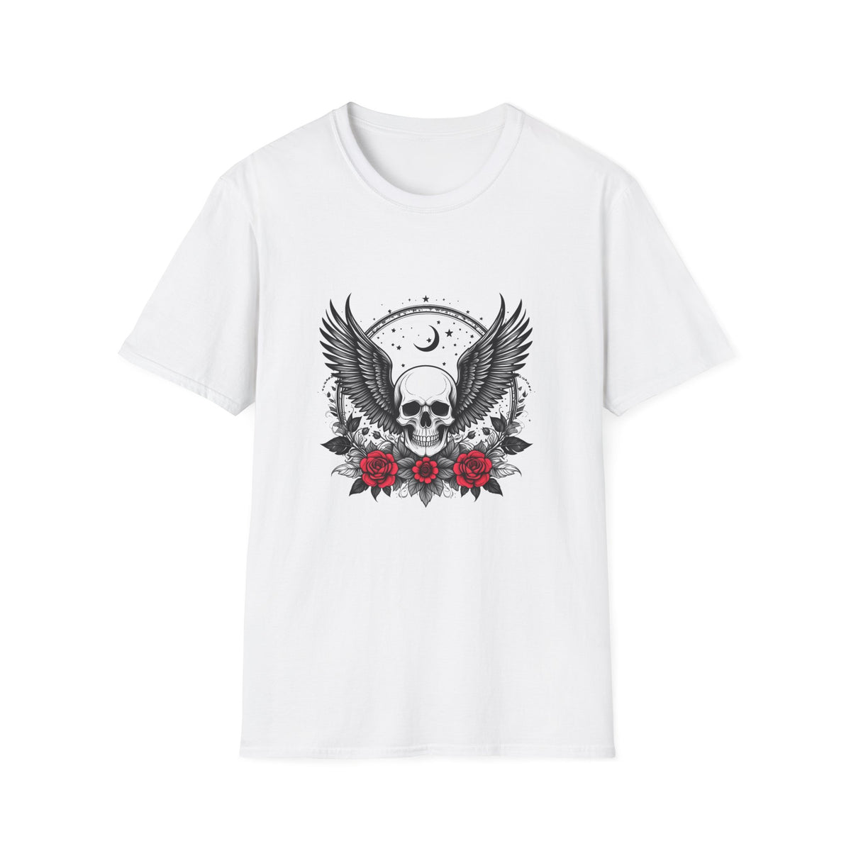Skull Wings T‑Shirt – Crescent Moon & Red Roses Gothic Graphic Tee