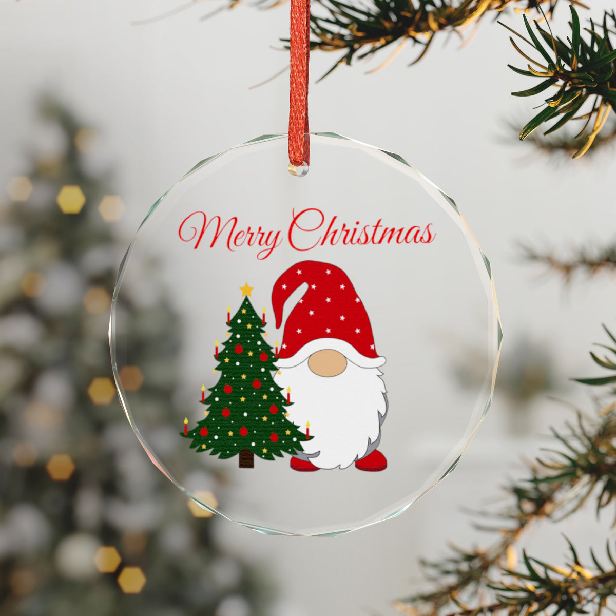Crystal Glass Ornament — Merry Christmas Gnome with Christmas Tree Holiday Decoration