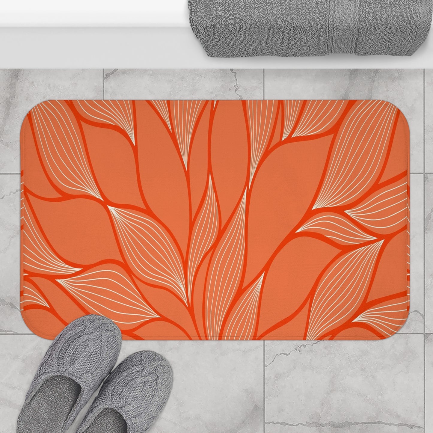 Elegant Floral Bath Mat, Home Decor, Bathroom Accessory, Housewarming Gift, Spring Decor, Vibrant Orange Design