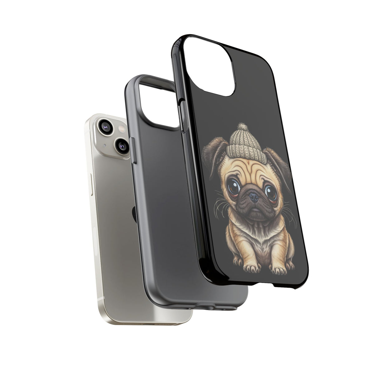 Pug Phone Case – Cute Pug Puppy Illustration on Black Tough Case