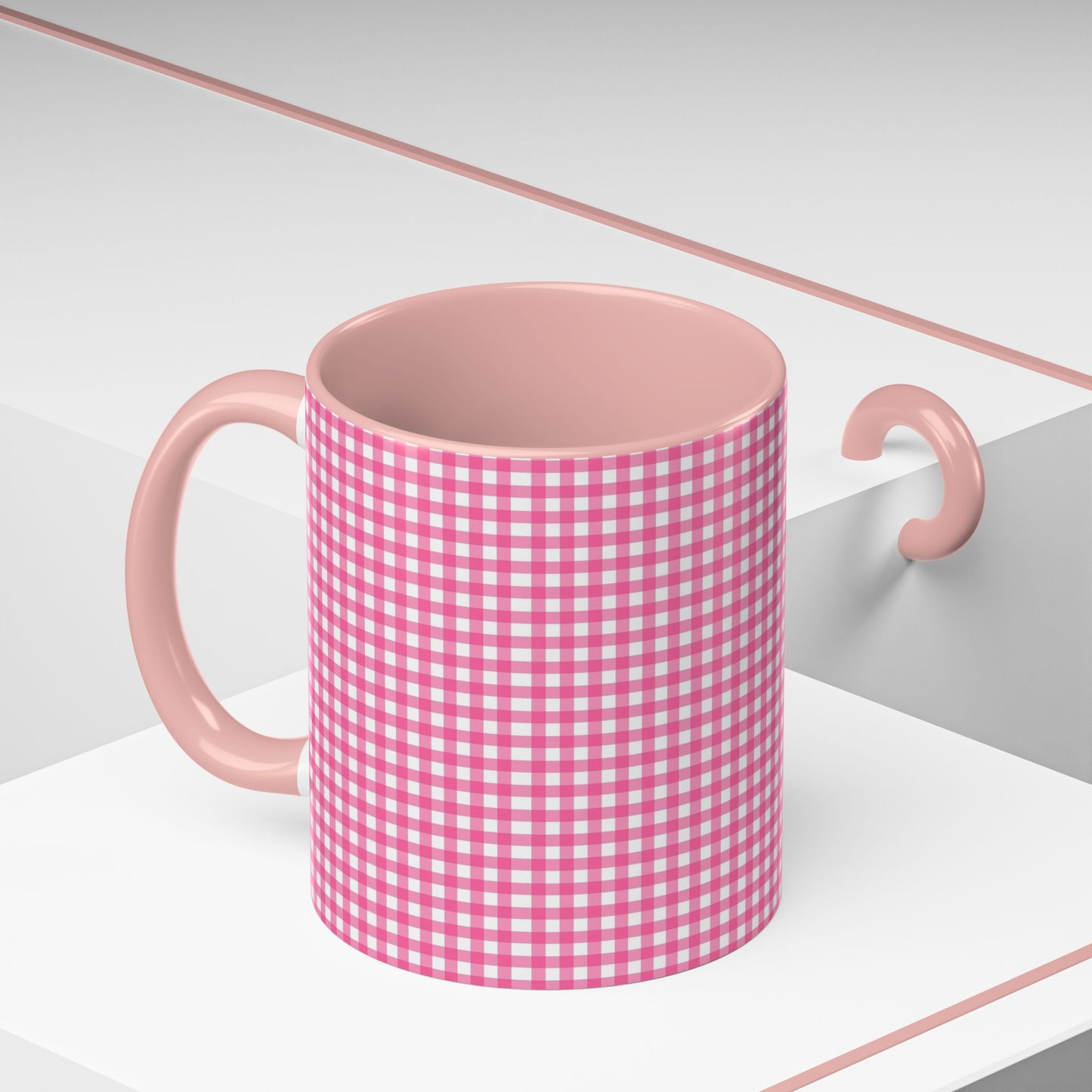 Pink Gingham Accent Coffee Mug, Cute Kitchen Decor, Gift for Coffee Lovers, Home Office Mug, Spring and Summer Vibes