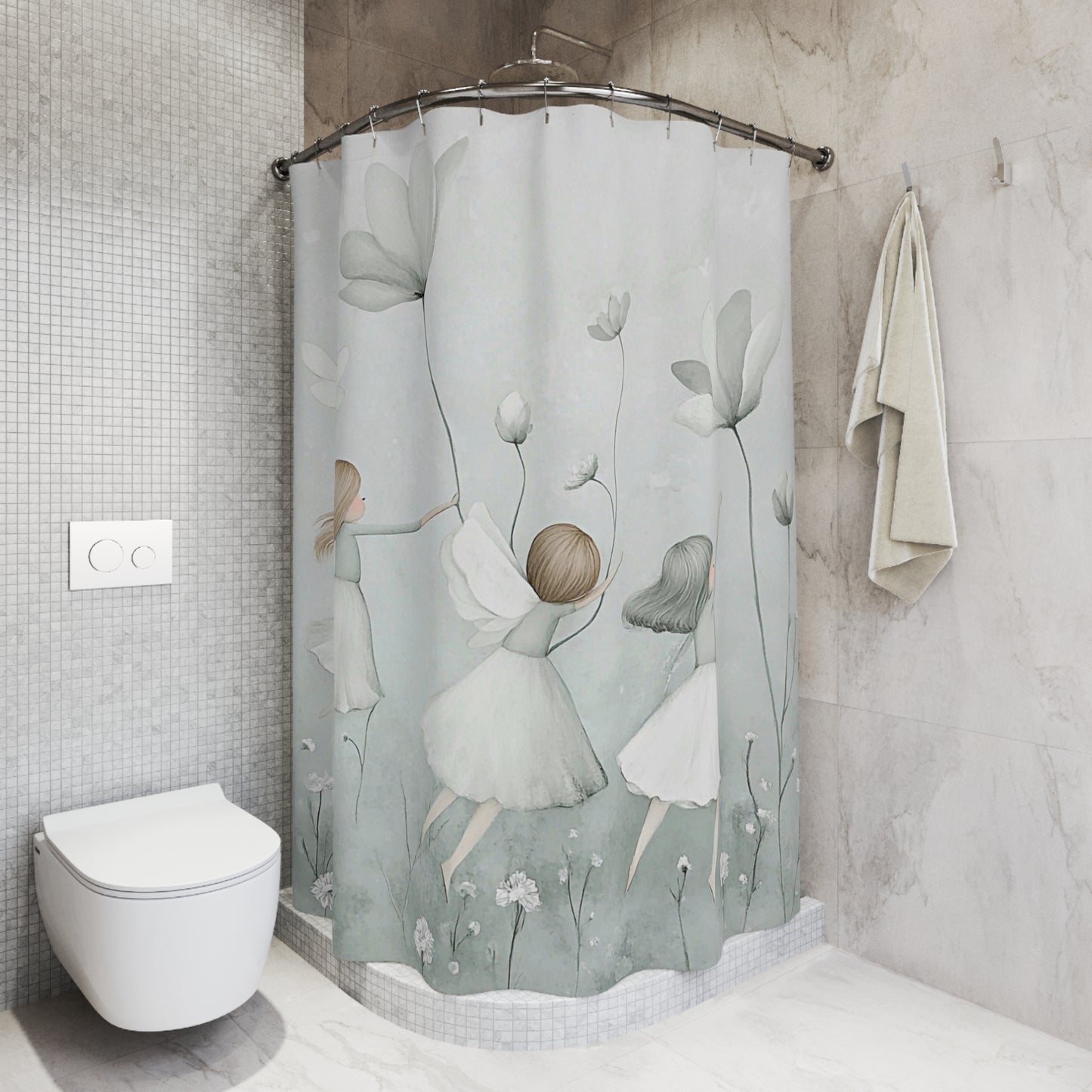 Ethereal Flower Dance Shower Curtain — Whimsical Girls in Pastel Floral Bathroom Decor