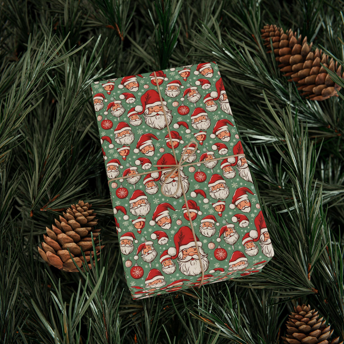Christmas Santa Face Wrapping Paper Roll — Festive Green Holiday Gift Wrap