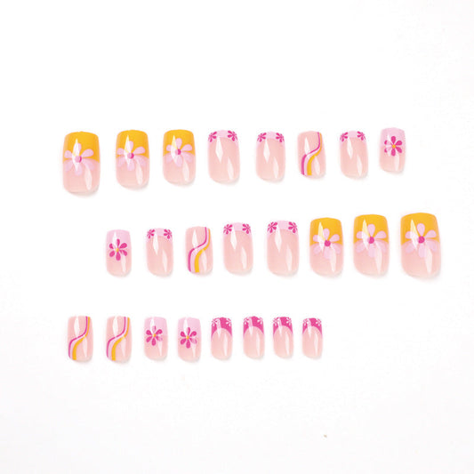 press on nails pads wholesale powder yellow edge French flower wave nails patch wholesale nails pads finished – Image 2