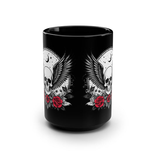 Black Skull & Roses Mug — 15oz Gothic Coffee Cup with Wings and Moon Design