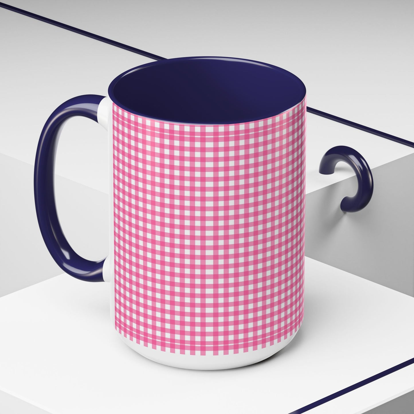 Pink Gingham Accent Coffee Mug, Cute Kitchen Decor, Gift for Coffee Lovers, Home Office Mug, Spring and Summer Vibes