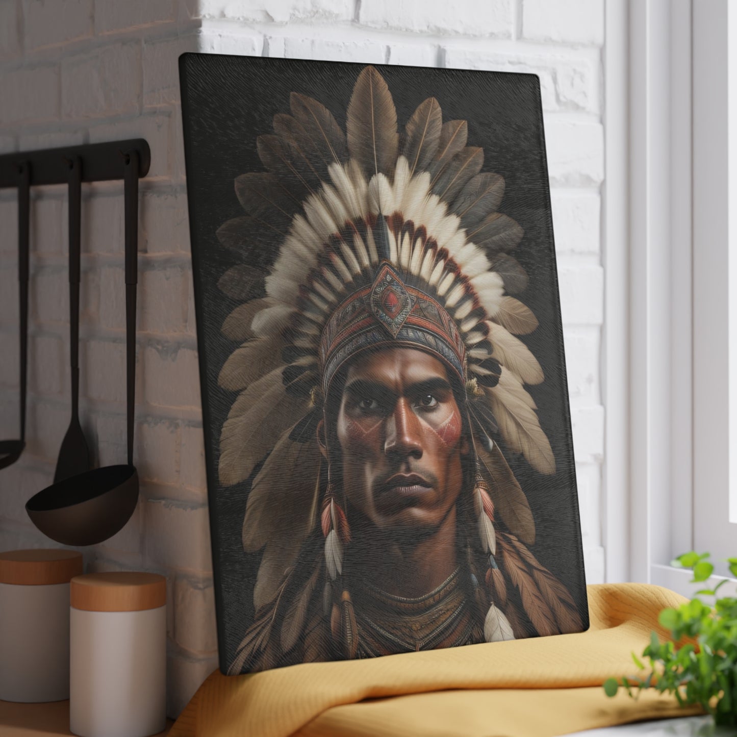 Handcrafted Glass Cutting Board with Native American Headdress Design, Chef Gift, Kitchen Decor, Unique Housewarming Gift, Functional Art