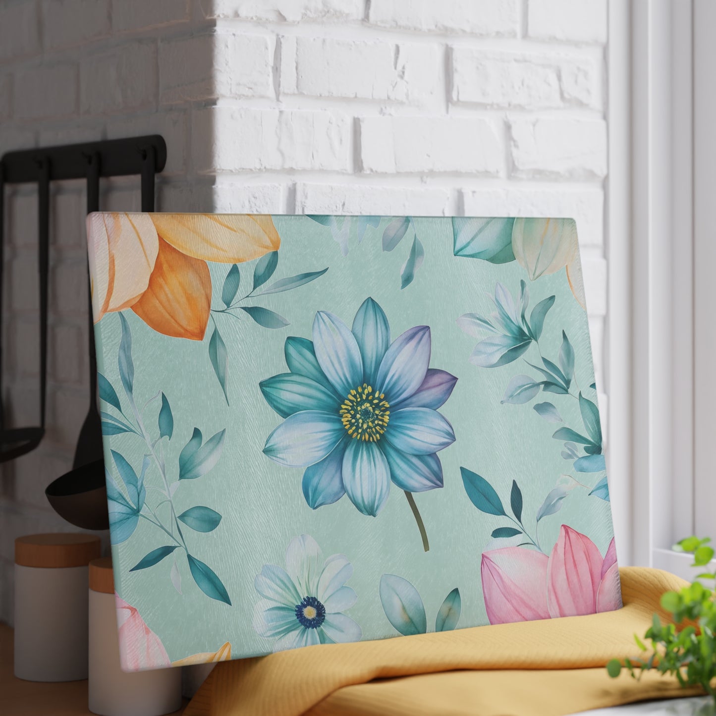 Floral Glass Cutting Board — Pastel Blue Watercolor Flowers
