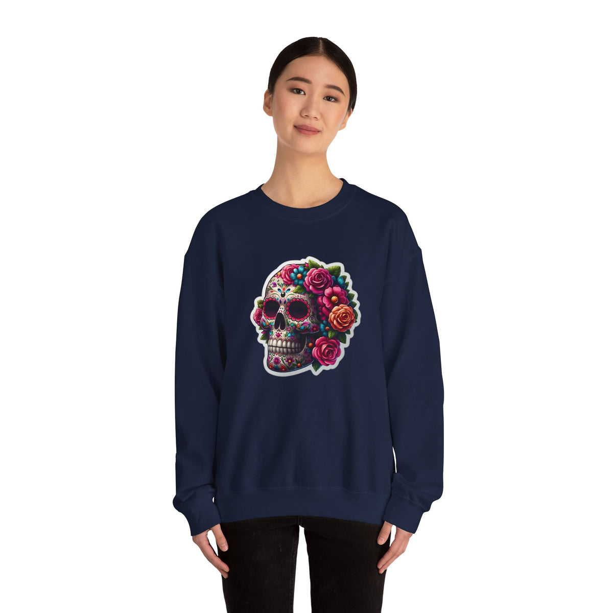 Sugar Skull Crewneck Sweatshirt — Floral Day of the Dead Graphic
