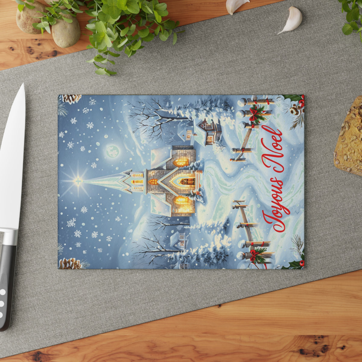 Glass Cutting Board — Joyeux Noël Winter Church Scene Holiday Kitchen Decor