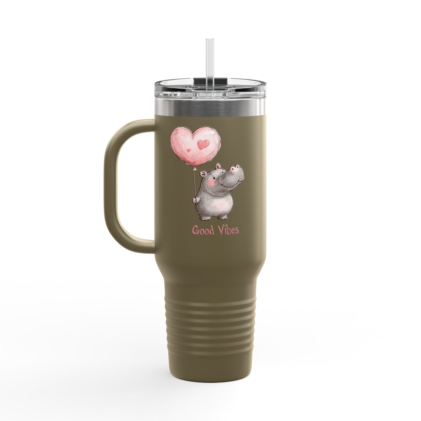 Cute Hippo Good Vibes Insulated Travel Mug | 40oz | Fun Drinkware | Perfect for Travel, Gifts, Picnic, or Daily Use