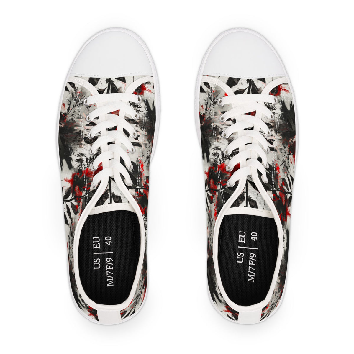 Floral Ink-Blend Low Top Sneakers — Artistic Black & Red Canvas Shoes