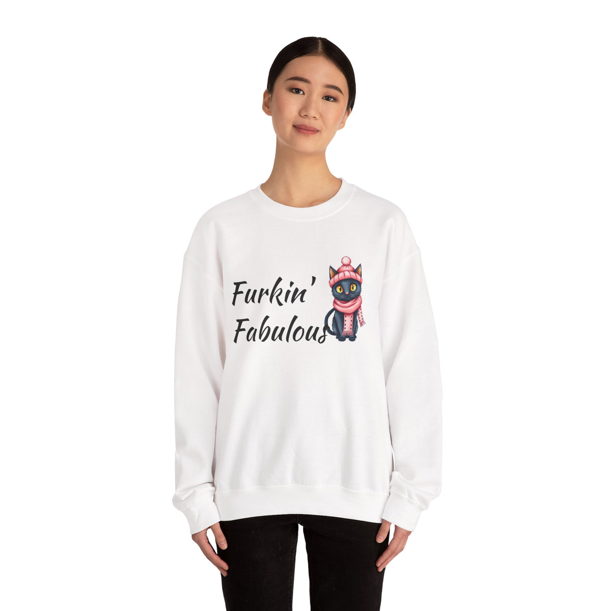 Crewneck Sweatshirt — "Furkin' Fabulous" Cute Black Cat in Pink Hat & Scarf