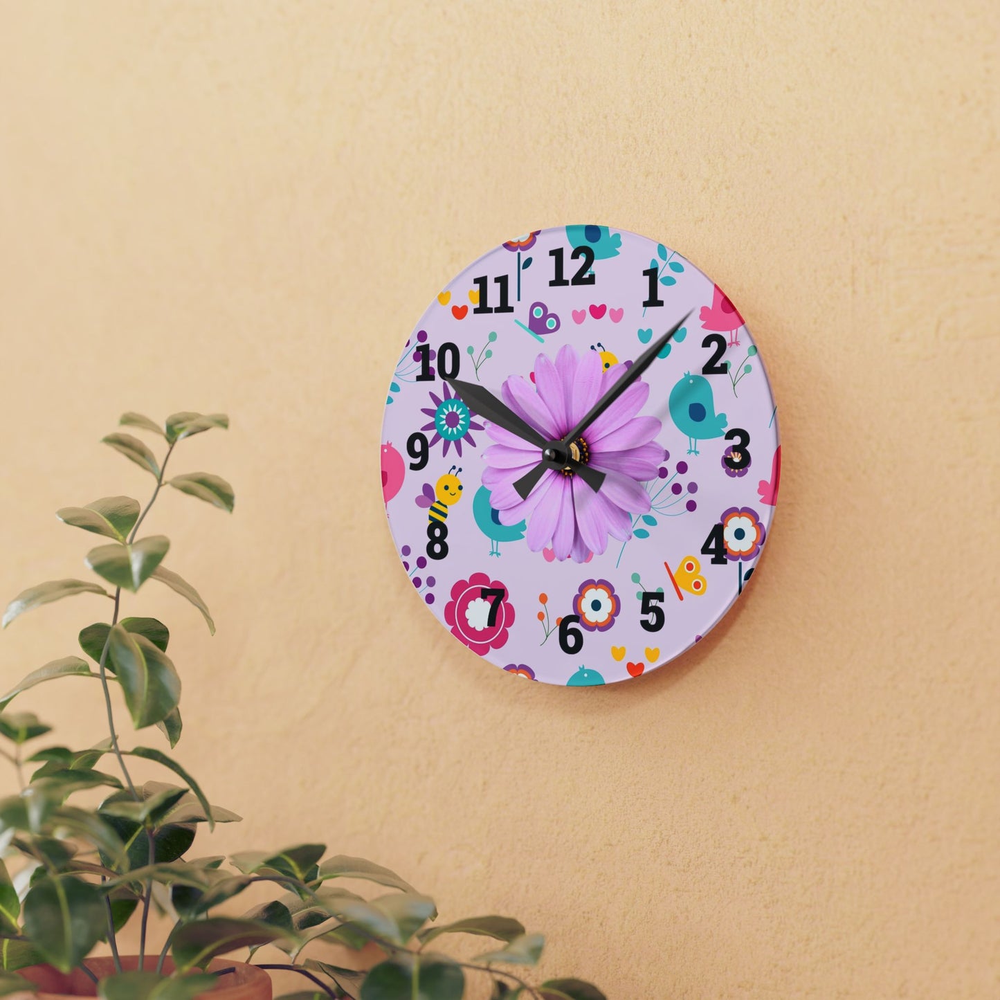Whimsical Floral Acrylic Wall Clock, Cute Decor, Spring Vibes, Home Office Gift