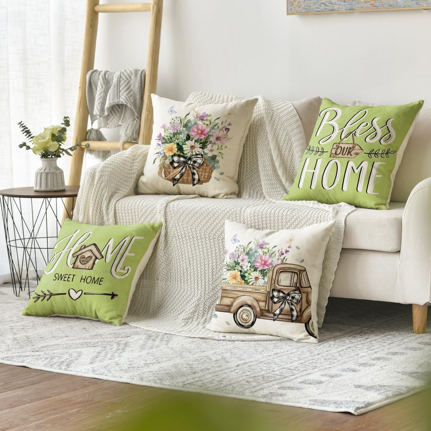 The Bless Our Home Farmhouse Eucalyptus Leaves Throw Pillow Covers in Emerald Green