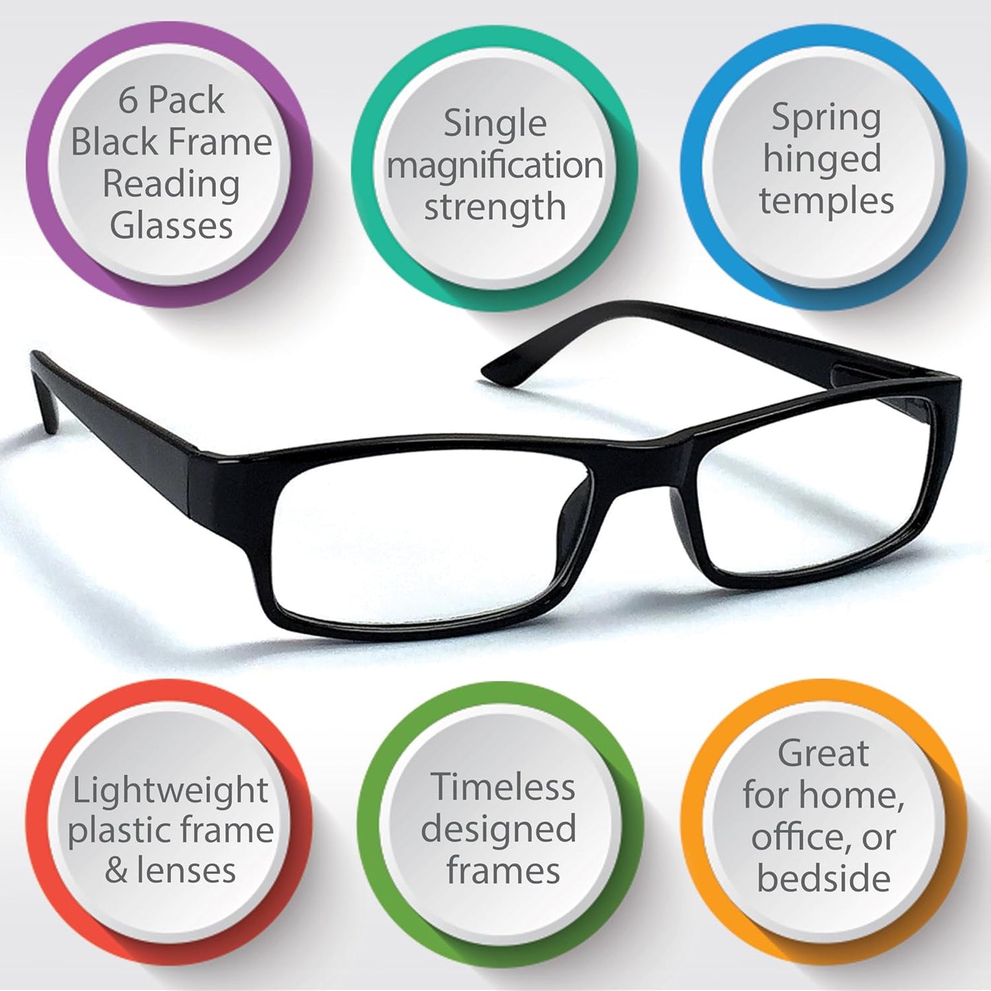 Boost Eyewear 6 Pack Reading Glasses, Traditional Black Frames, for Men and Women, with Comfort Spring Loaded Hinges, Black, 6 Pairs