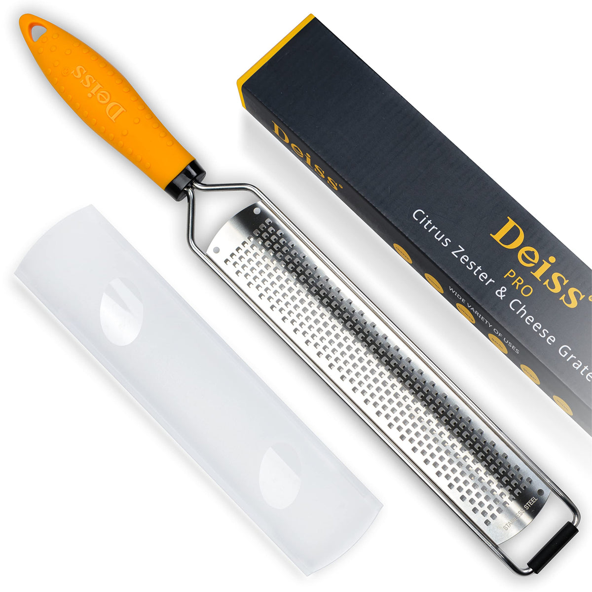 Deiss PRO Lemon Zester & Heavy Duty Cheese Grater & Vegetable Grater - Parmesan Cheese Lemon, Garlic, Nutmeg, Chocolate, Fruits, Vegetables, Ginger Grater - Cheese Shredder & Stainless Steel Grater