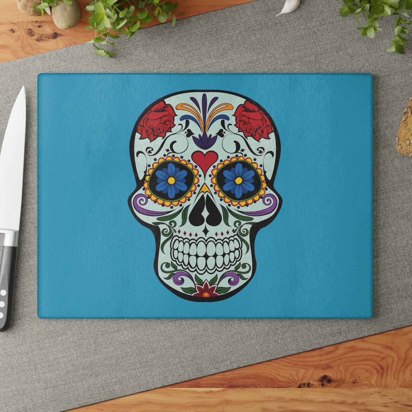 Decorative Glass Cutting Board with Colorful Sugar Skull Design