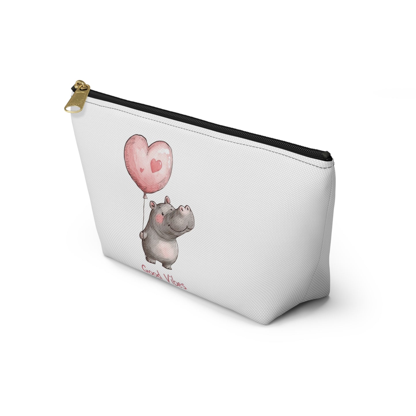 Good Vibes Hippo Accessory Pouch, Cute Makeup Bag, Gift for Animal Lovers, Fun Travel Organizer, Heart Balloon Design