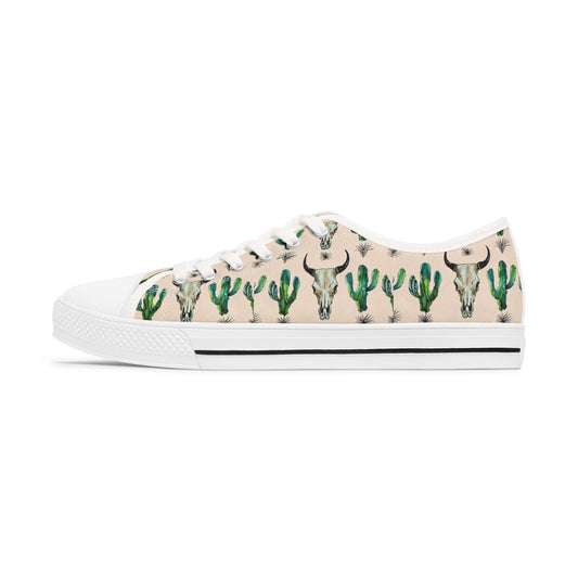Cow Skull & Cactus Low Top Sneakers — Southwestern Desert Print Casual Shoes