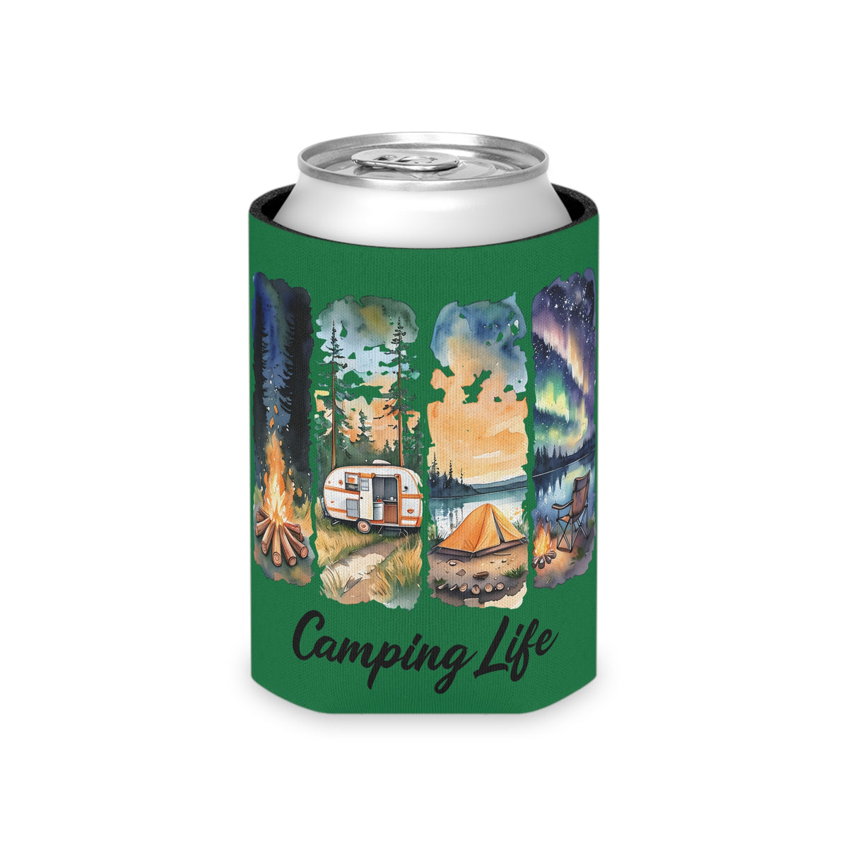 Camping Life Can Cooler – Insulated Beer Cooler with Campsite Watercolor Design