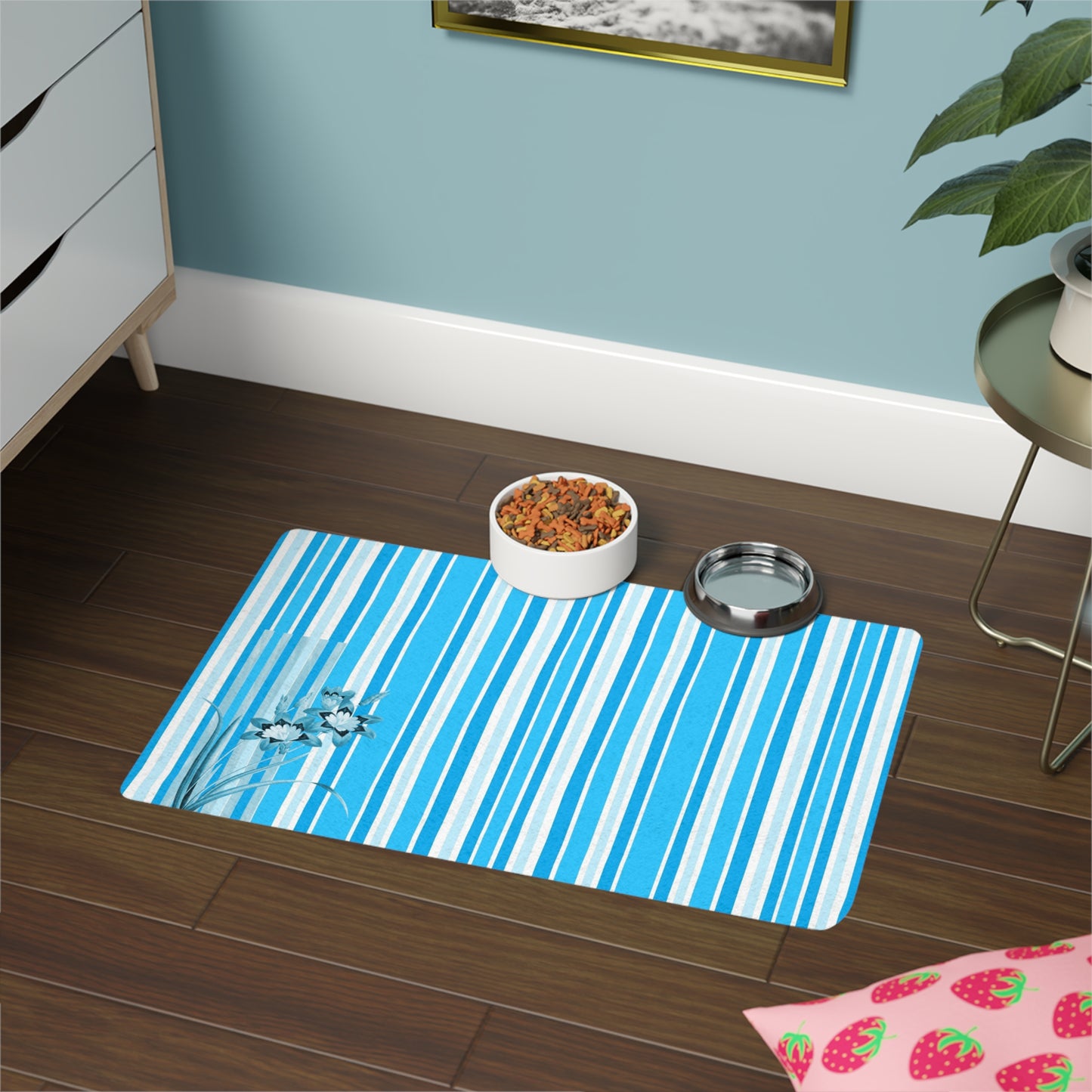 Blue Stripe Floral Pet Food Mat (12x18)