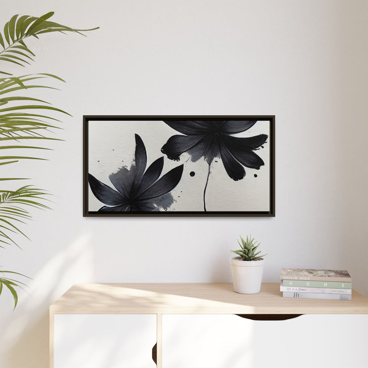 Framed Black Floral Matte Canvas Wall Art — Monochrome Botanical Print