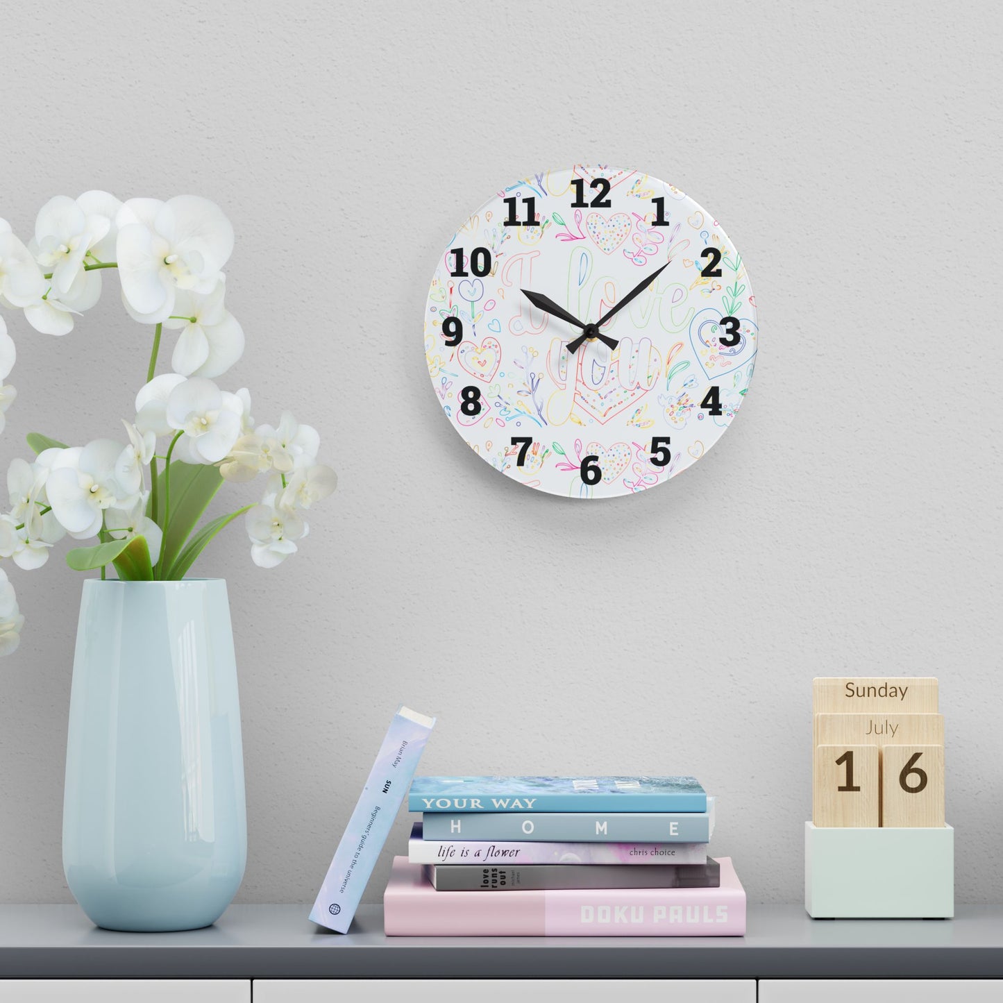 Whimsical Acrylic Wall Clock - Love You Decor, Heart Design, Gift for Her,