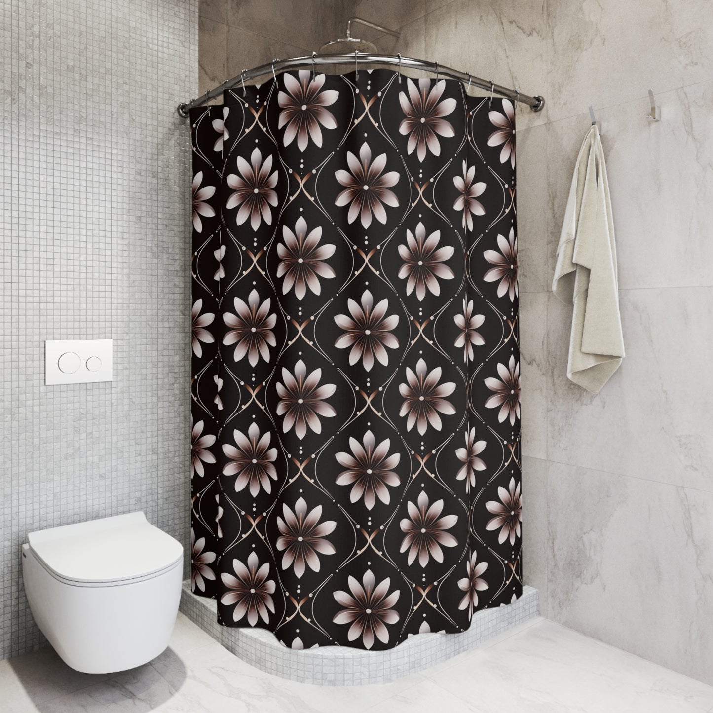 Floral Mosaic Shower Curtain — Elegant Black & Taupe Daisy Pattern