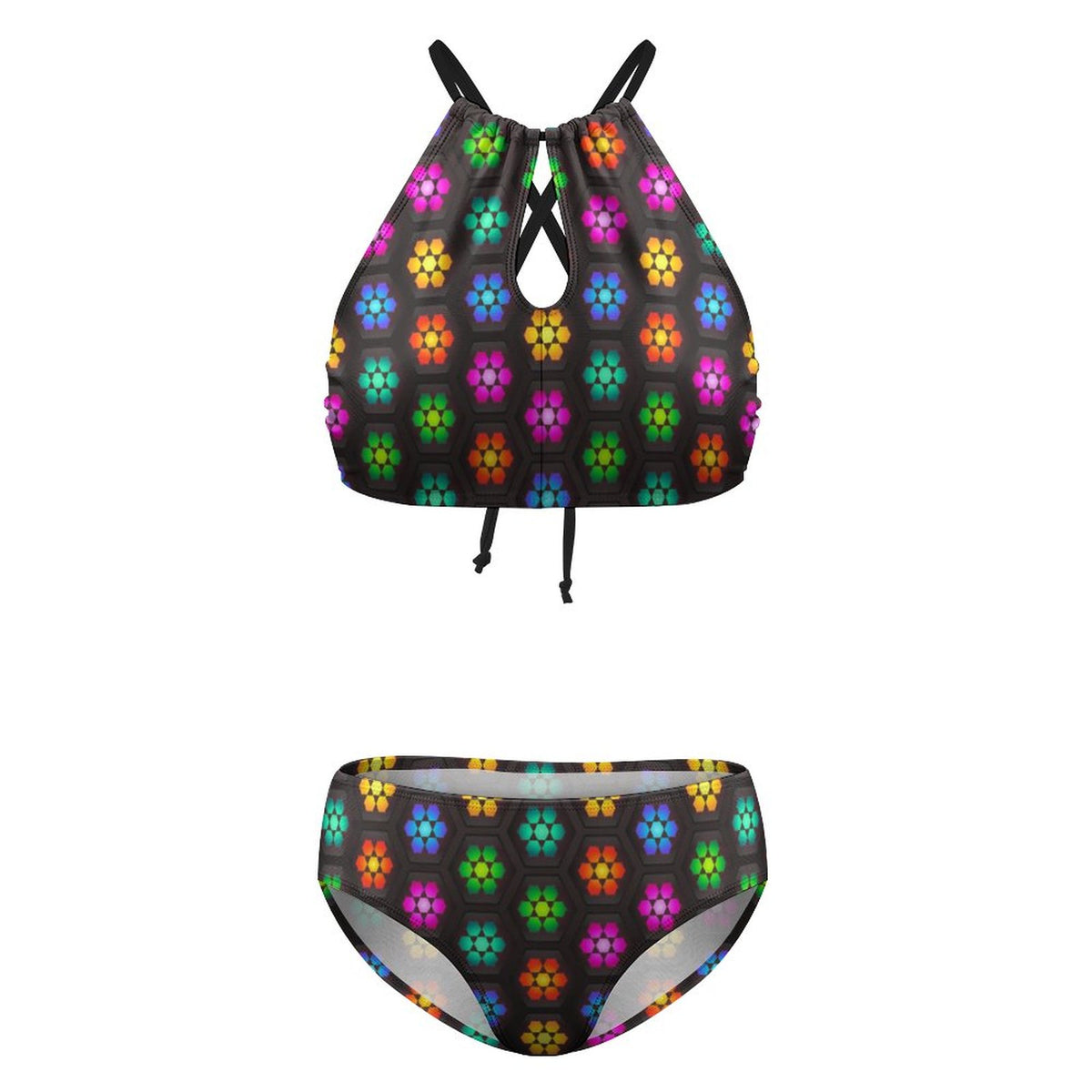 Women's Two piece Swimsuit with High Neck Halter Top Colorful Daisies