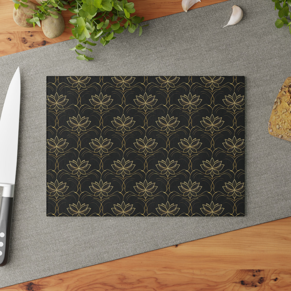 Lotus Pattern Glass Cutting Board — Elegant Black & Gold Kitchen Board
